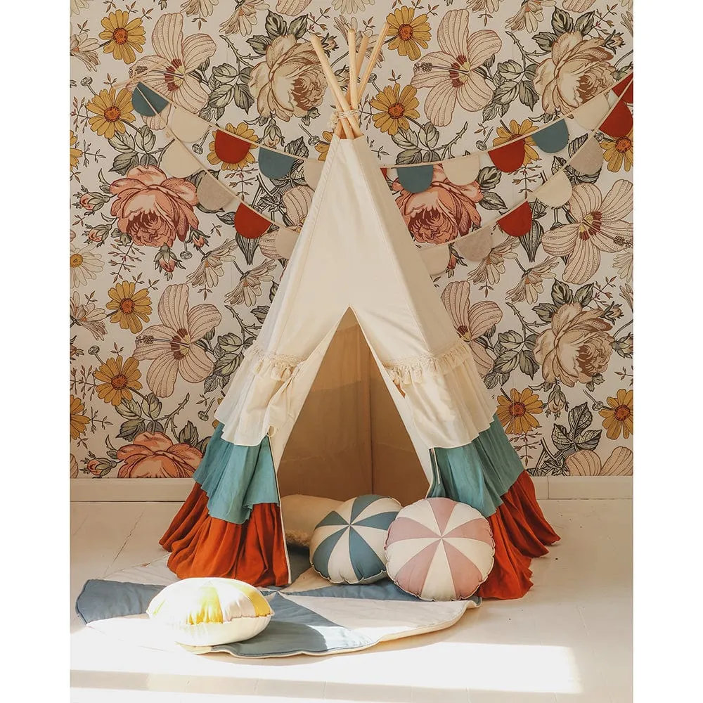 Circus Teepee With Frills And Mat Set - Beige, Blue & Brown