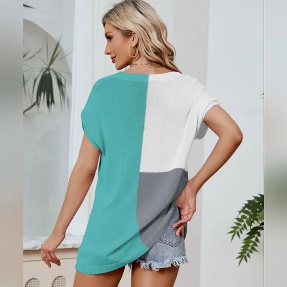 Color Block Knit Top - Teal