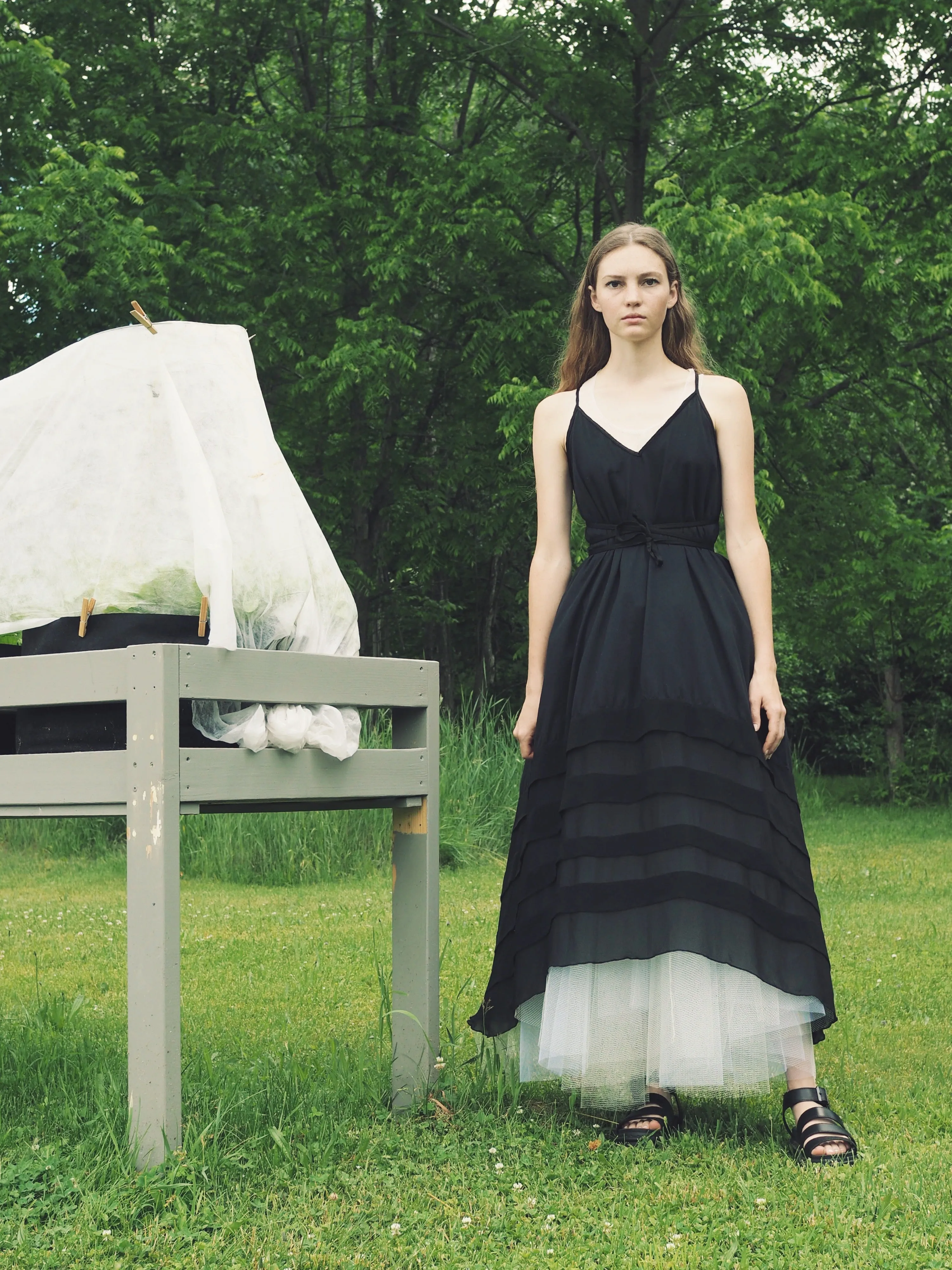 cotton and silk chiffon pin tuck slip dress