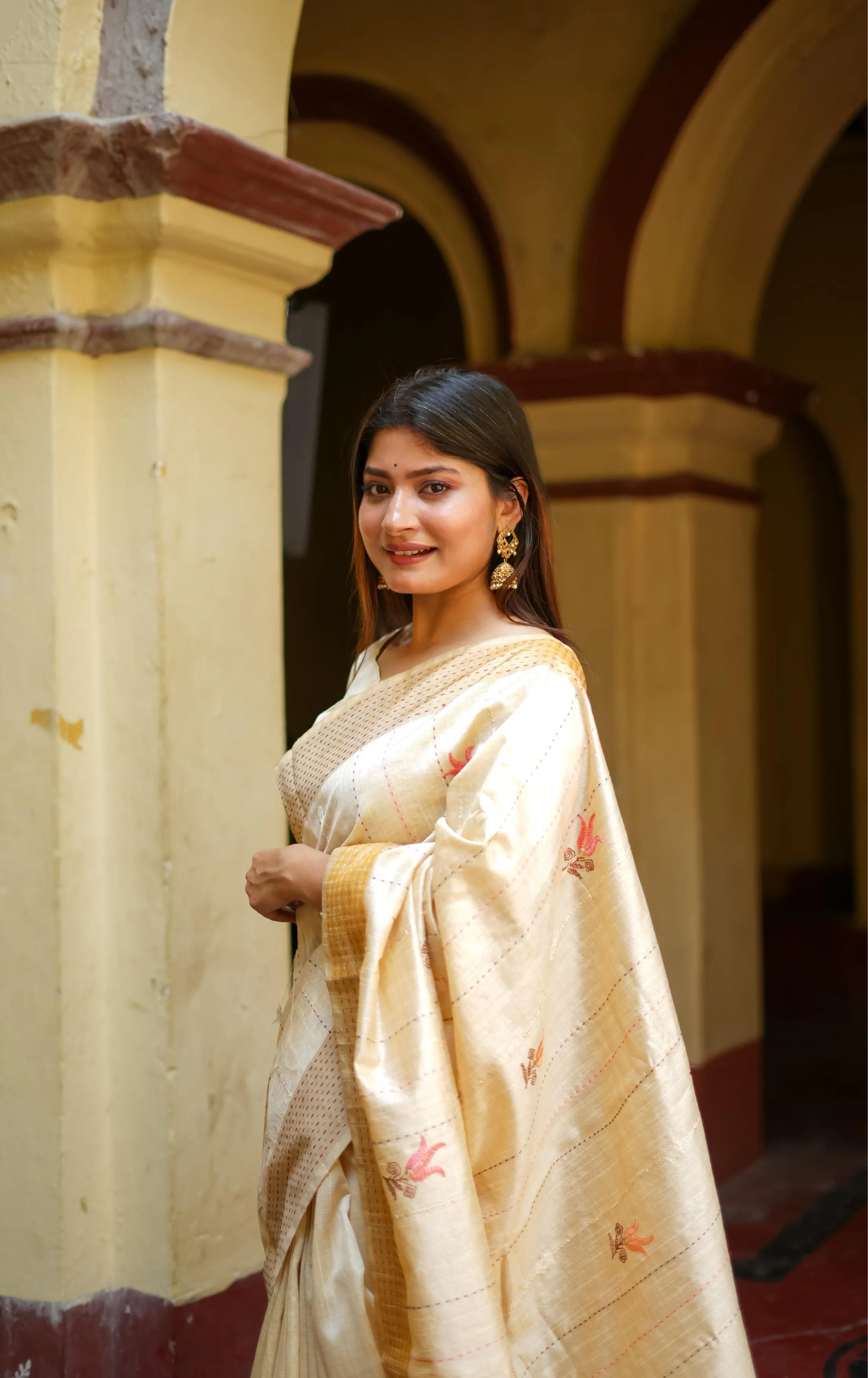 Cream Khadi Tussar Silk Saree