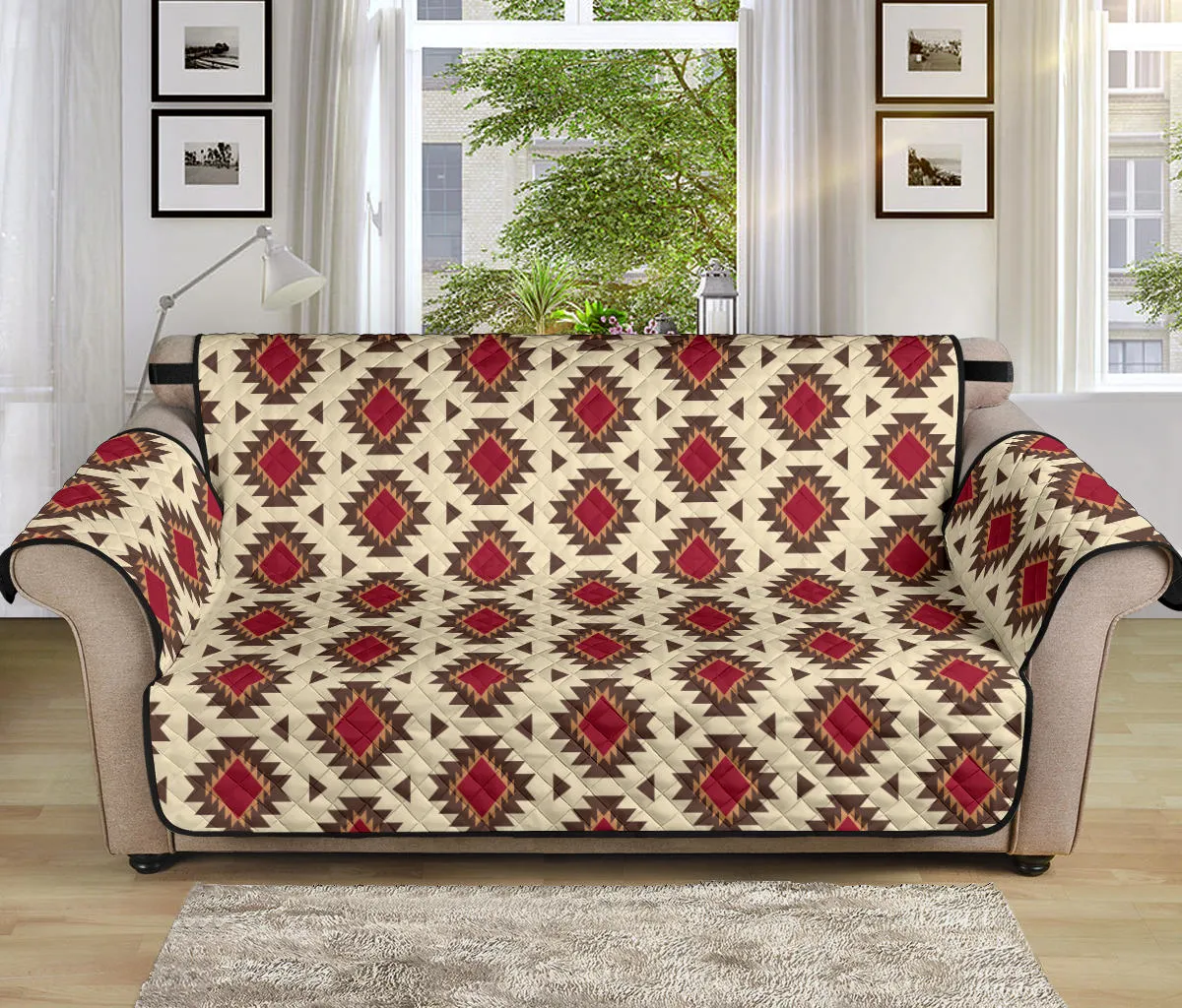 Creamy Beige and Red Navajo Style Native Tribal Pattern 70" Sofa Cover Couch Protector