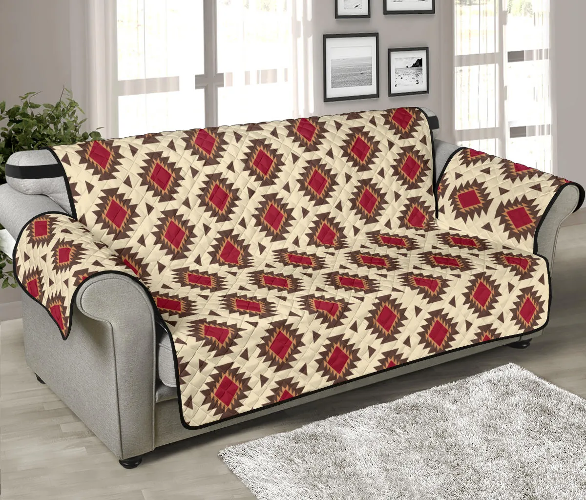 Creamy Beige and Red Navajo Style Native Tribal Pattern 70" Sofa Cover Couch Protector