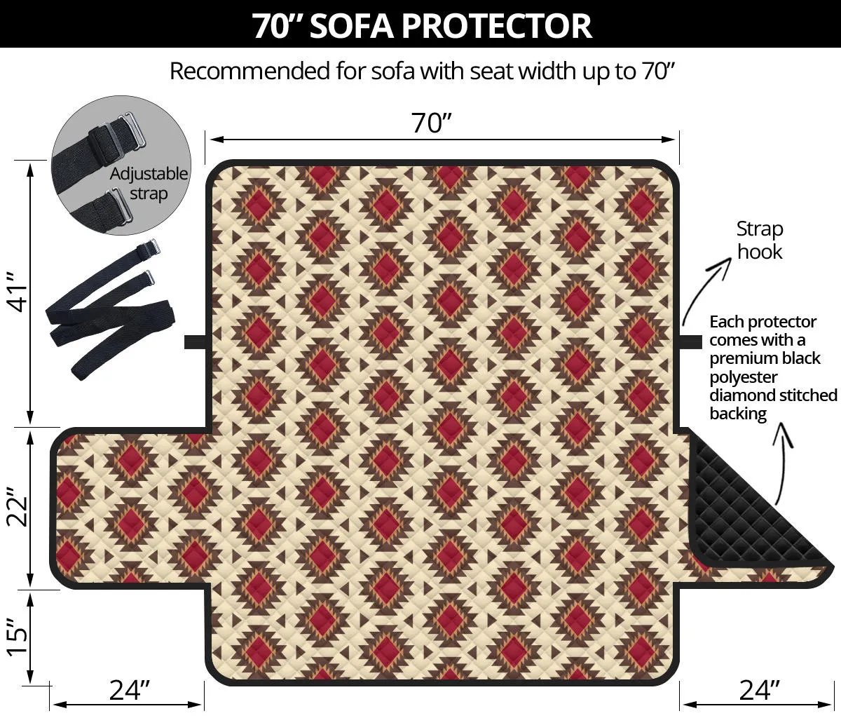 Creamy Beige and Red Navajo Style Native Tribal Pattern 70" Sofa Cover Couch Protector