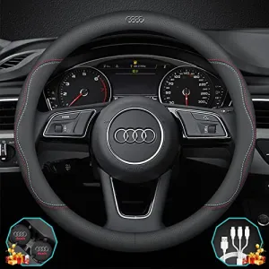 Custom-Fit for Audi Steering Wheel Cover, Premium Leather Car Steering Wheel Cover with Logo, Non-Slip, Breathable, Designed for Audi Accessories (A-Style,for Audi)