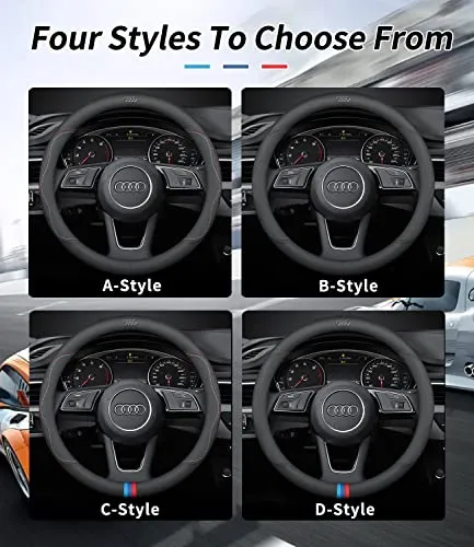 Custom-Fit for Audi Steering Wheel Cover, Premium Leather Car Steering Wheel Cover with Logo, Non-Slip, Breathable, Designed for Audi Accessories (B-Style,for Audi)