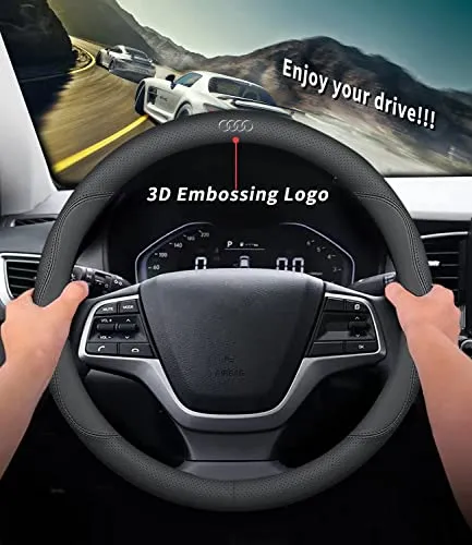 Custom-Fit for Audi Steering Wheel Cover, Premium Leather Car Steering Wheel Cover with Logo, Non-Slip, Breathable, Designed for Audi Accessories (B-Style,for Audi)