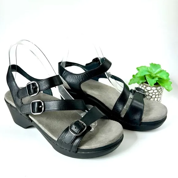 Dansko Sacha Black Leather Platform Sandals 3 Strap Slingback Velcro Size 39