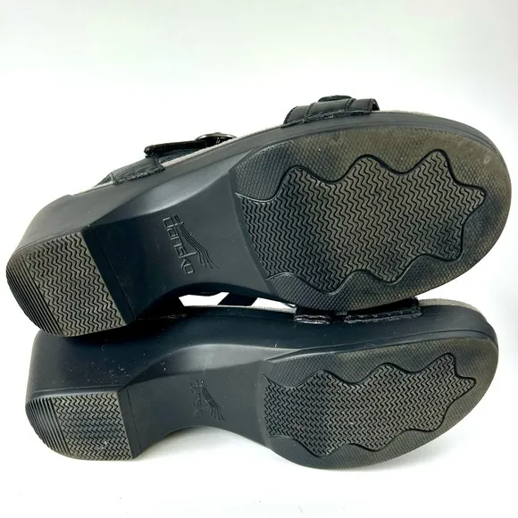 Dansko Sacha Black Leather Platform Sandals 3 Strap Slingback Velcro Size 39