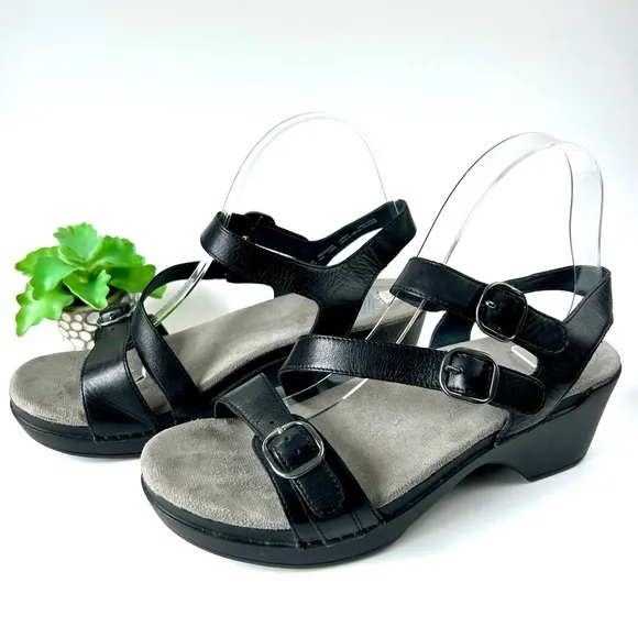 Dansko Sacha Black Leather Platform Sandals 3 Strap Slingback Velcro Size 39