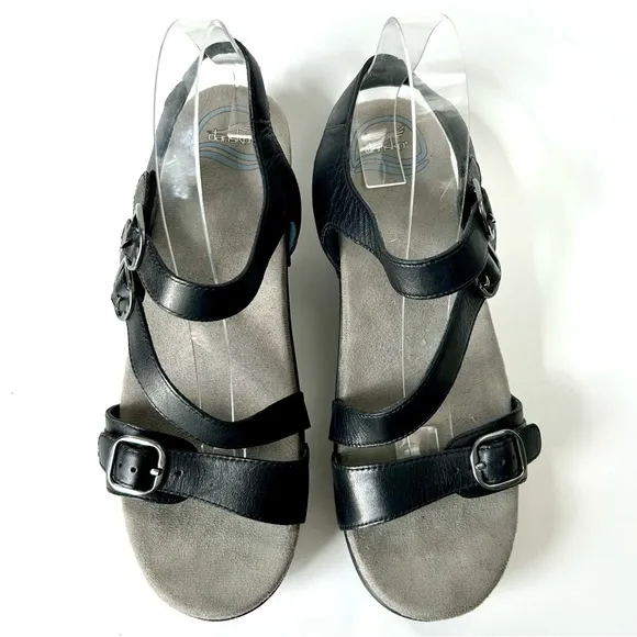 Dansko Sacha Black Leather Platform Sandals 3 Strap Slingback Velcro Size 39