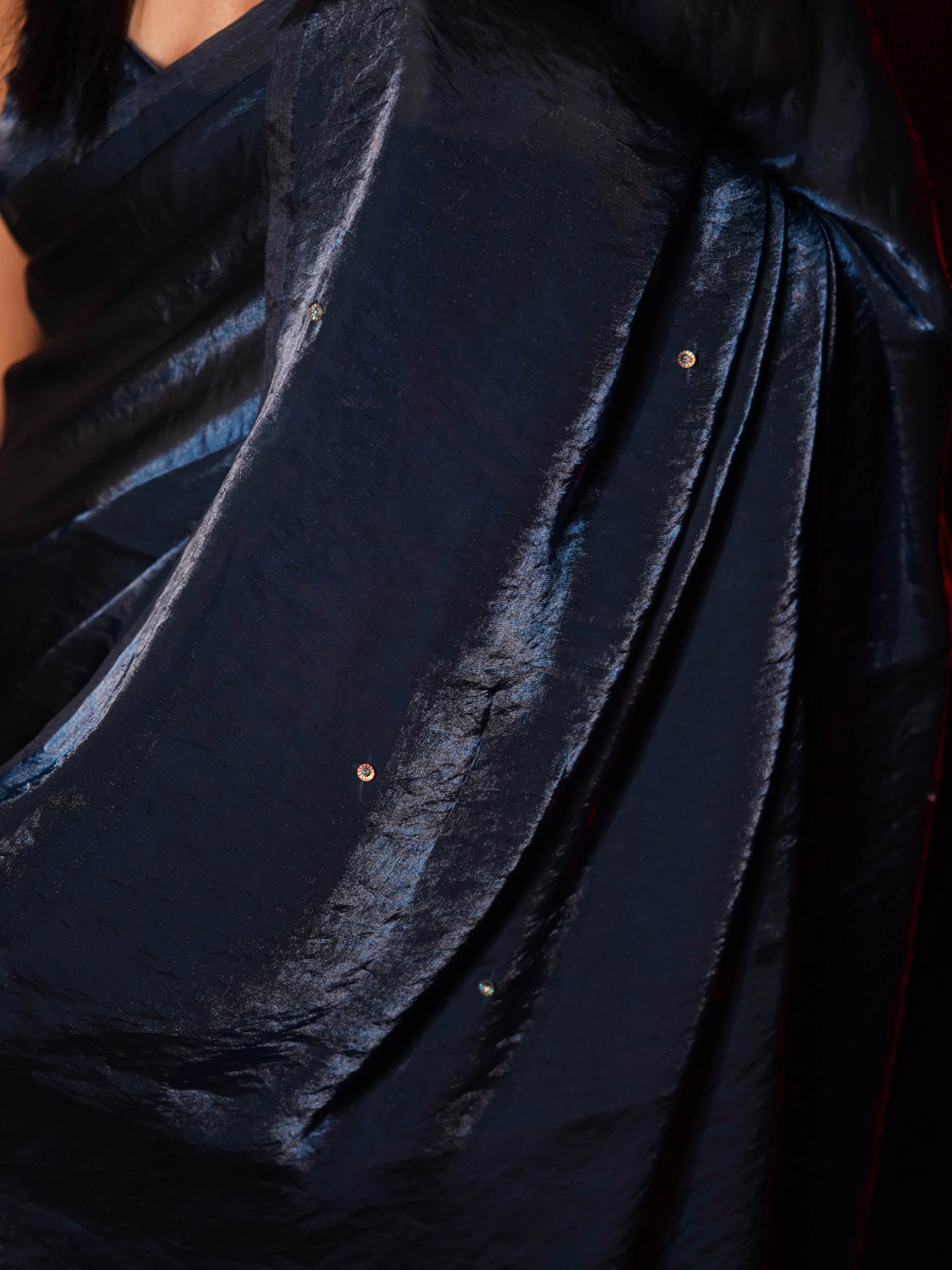 Deep Blue Metallic Satin Saree with Iridescent Sequins and Blouse Fabric