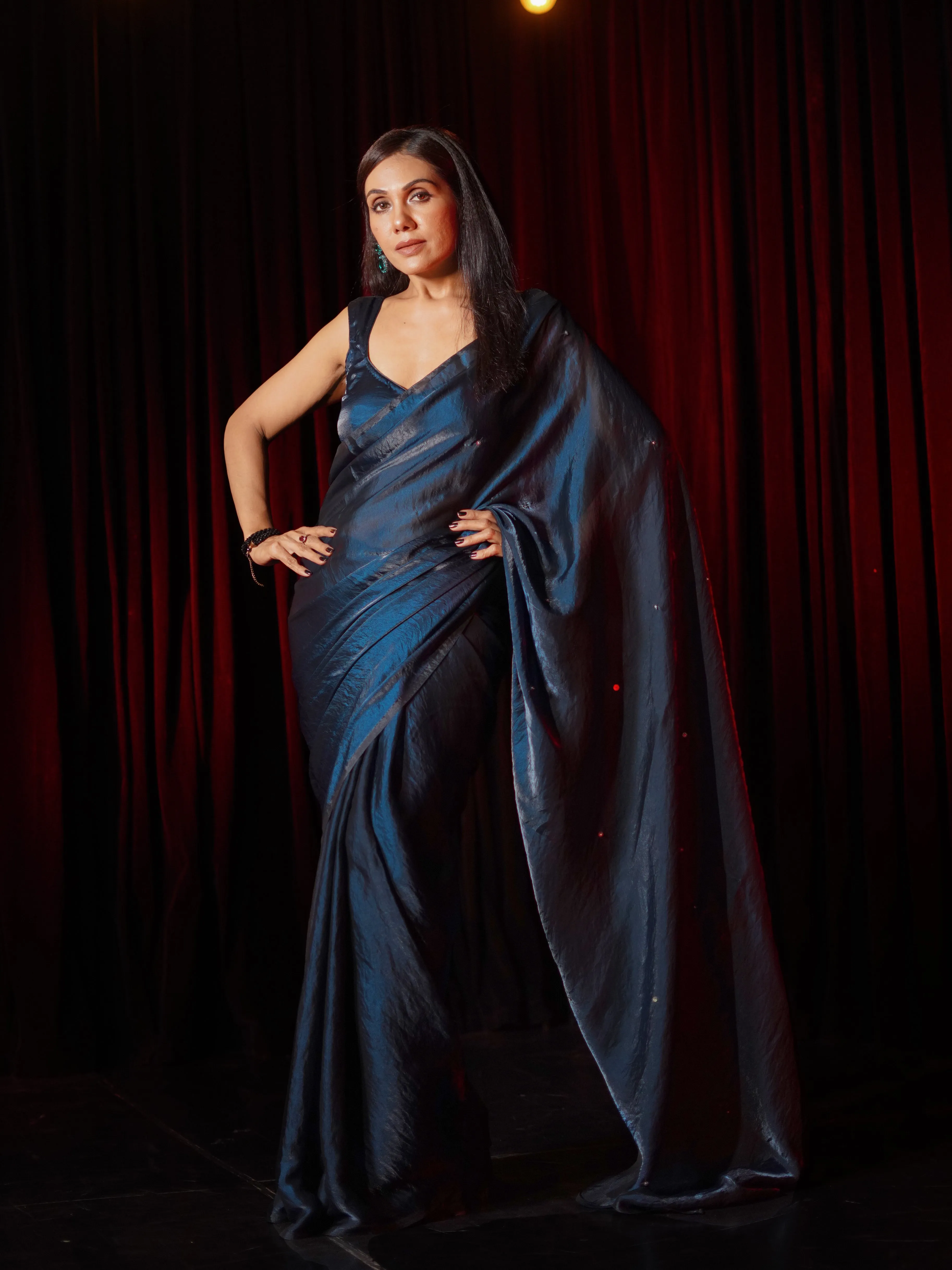 Deep Blue Metallic Satin Saree with Iridescent Sequins and Blouse Fabric