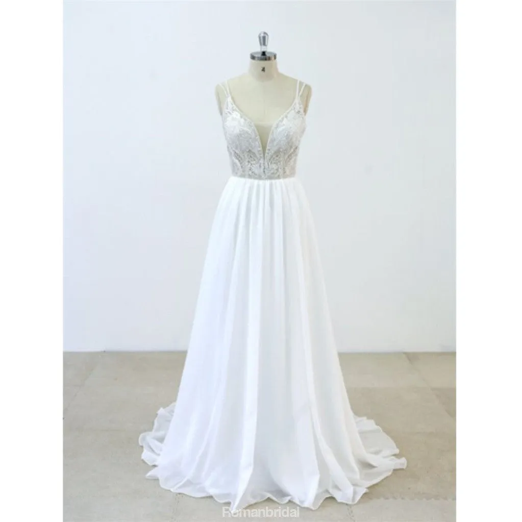 Deep V-neck Spaghetti Straps applique Backless chiffon Wedding Dresses with train, WD0366