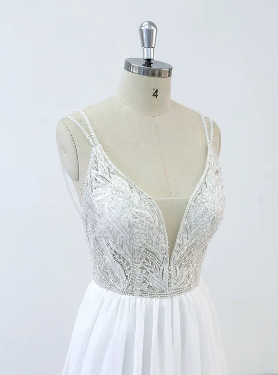 Deep V-neck Spaghetti Straps applique Backless chiffon Wedding Dresses with train, WD0366
