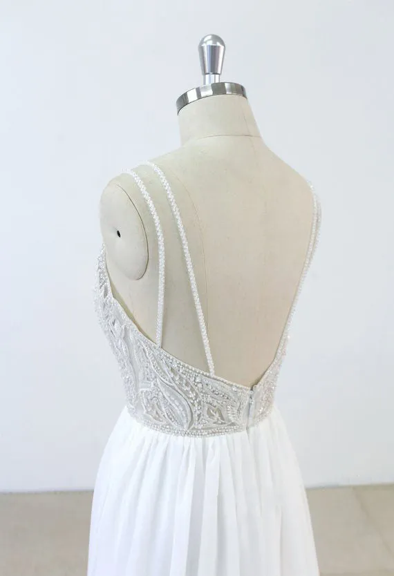Deep V-neck Spaghetti Straps applique Backless chiffon Wedding Dresses with train, WD0366