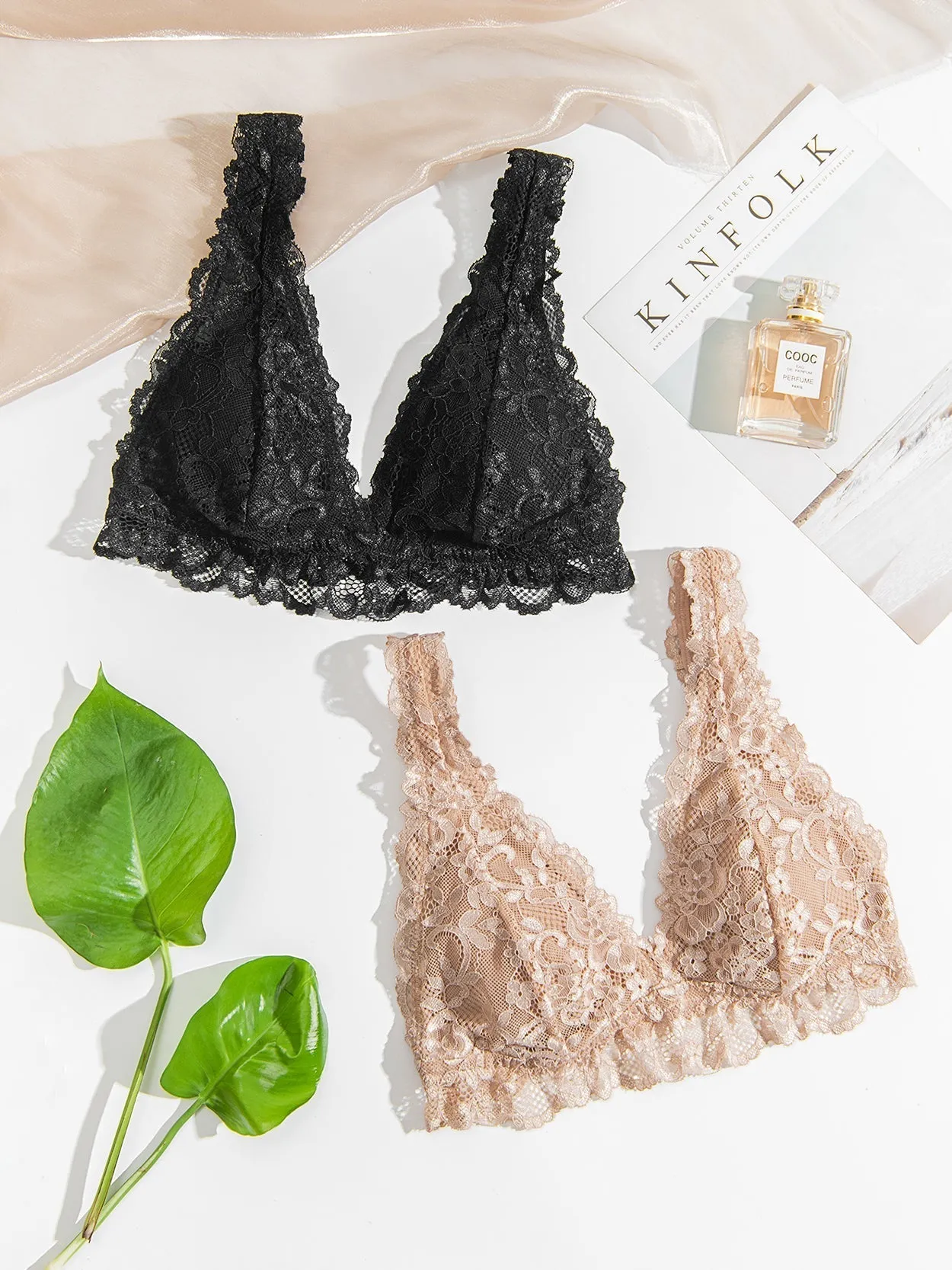Deep V Plunge Wirefree Lace Floral Bralette Nude