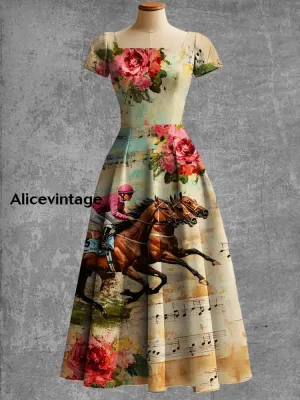 Derby Art Print Short Sleeve Vintage Elegant Dress Derby Dress