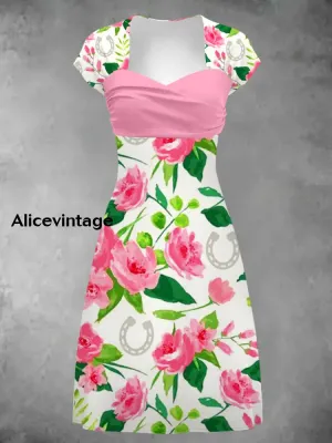 Derby Art Print Short Sleeve Vintage Midi Dress Derby Dress