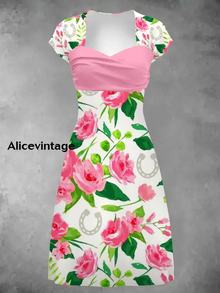 Derby Art Print Short Sleeve Vintage Midi Dress Derby Dress