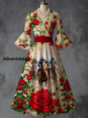 Derby Art Print V-Neck Flare Sleeve Vintage Elegant Dress Derby Dress