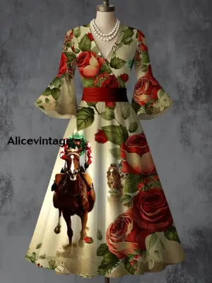 Derby Art Print V-Neck Flare Sleeve Vintage Elegant Dress Derby Dress