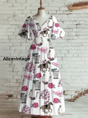 Derby Art Print V-Neck Short Sleeve Vintage Elegant Dress Derby Dress