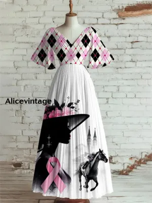Derby Art Print V-Neck Short Sleeve Vintage Elegant Dress Derby Dress