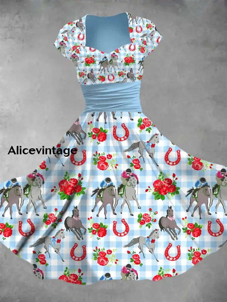 Derby Art Print V-Neck Short Sleeve Vintage Midi Dress Derby Dress
