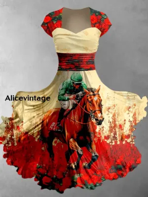 Derby Art Print V-Neck Short Sleeve Vintage Midi Dress Derby Dress