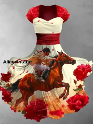 Derby Art Print V-Neck Short Sleeve Vintage Midi Dress Derby Dress