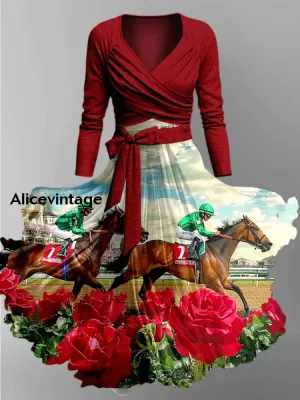 Derby Art Print Vintage V-neck Long Sleeve Two-Piece Midi Dress Derby Dress