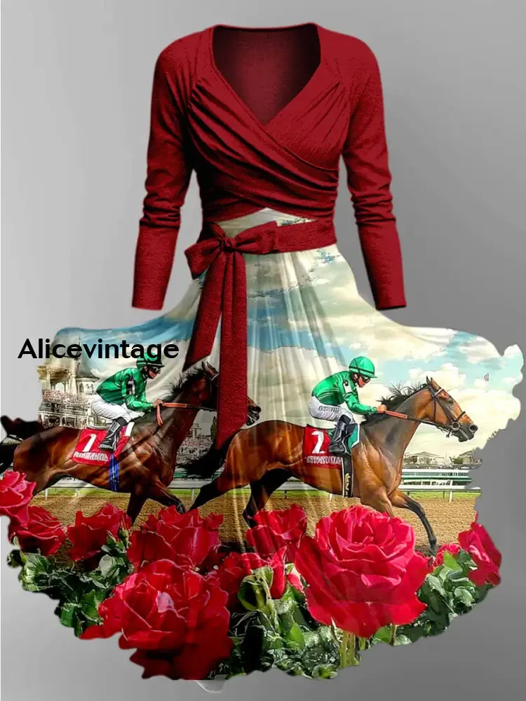 Derby Art Print Vintage V-neck Long Sleeve Two-Piece Midi Dress Derby Dress