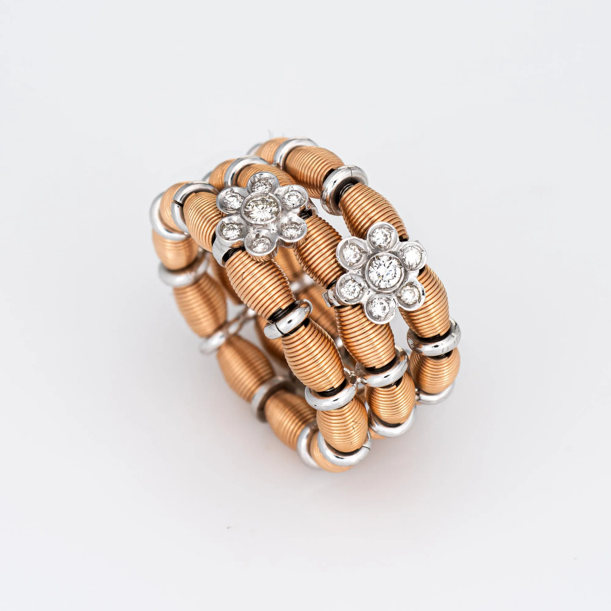 Diamond Flex Band Ring Estate 18k Rose White Gold Adjustable Size Wide Band