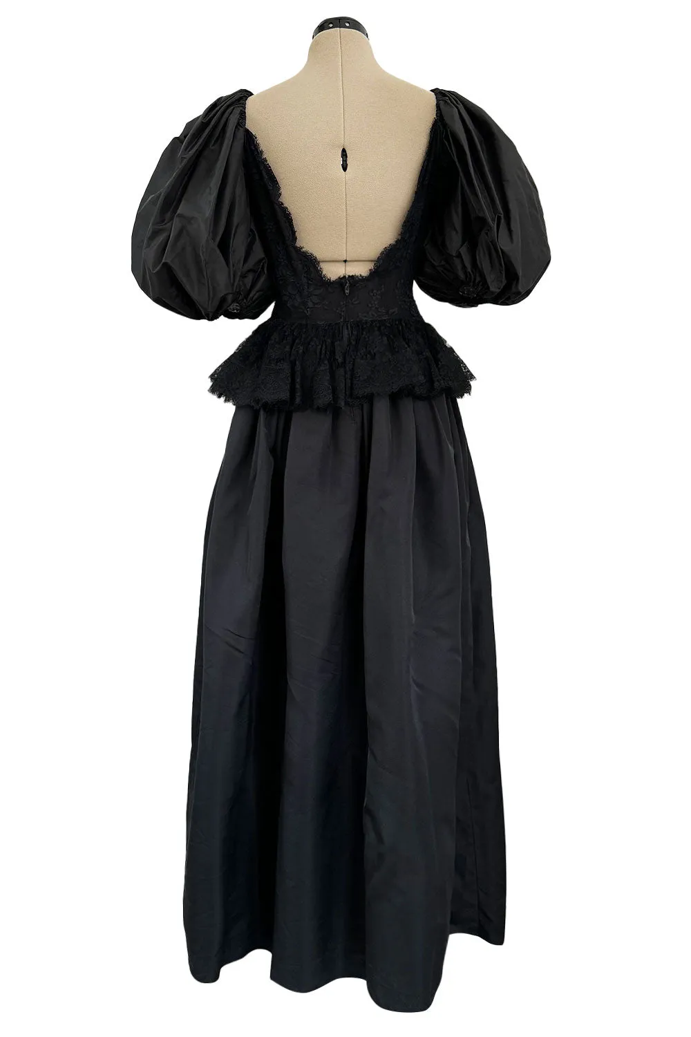 Documented Resort 1978 Oscar de la Renta Backless Black Silk & Lace Dress w Full BalloonmSleeves