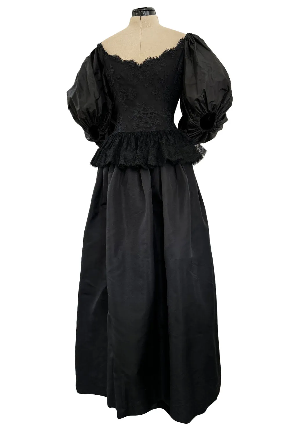 Documented Resort 1978 Oscar de la Renta Backless Black Silk & Lace Dress w Full BalloonmSleeves