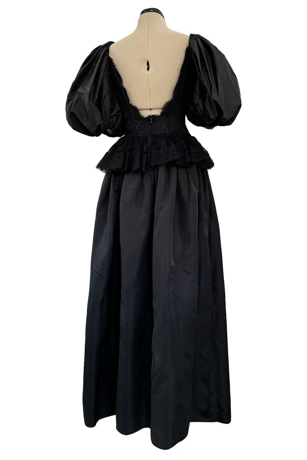 Documented Resort 1978 Oscar de la Renta Backless Black Silk & Lace Dress w Full BalloonmSleeves