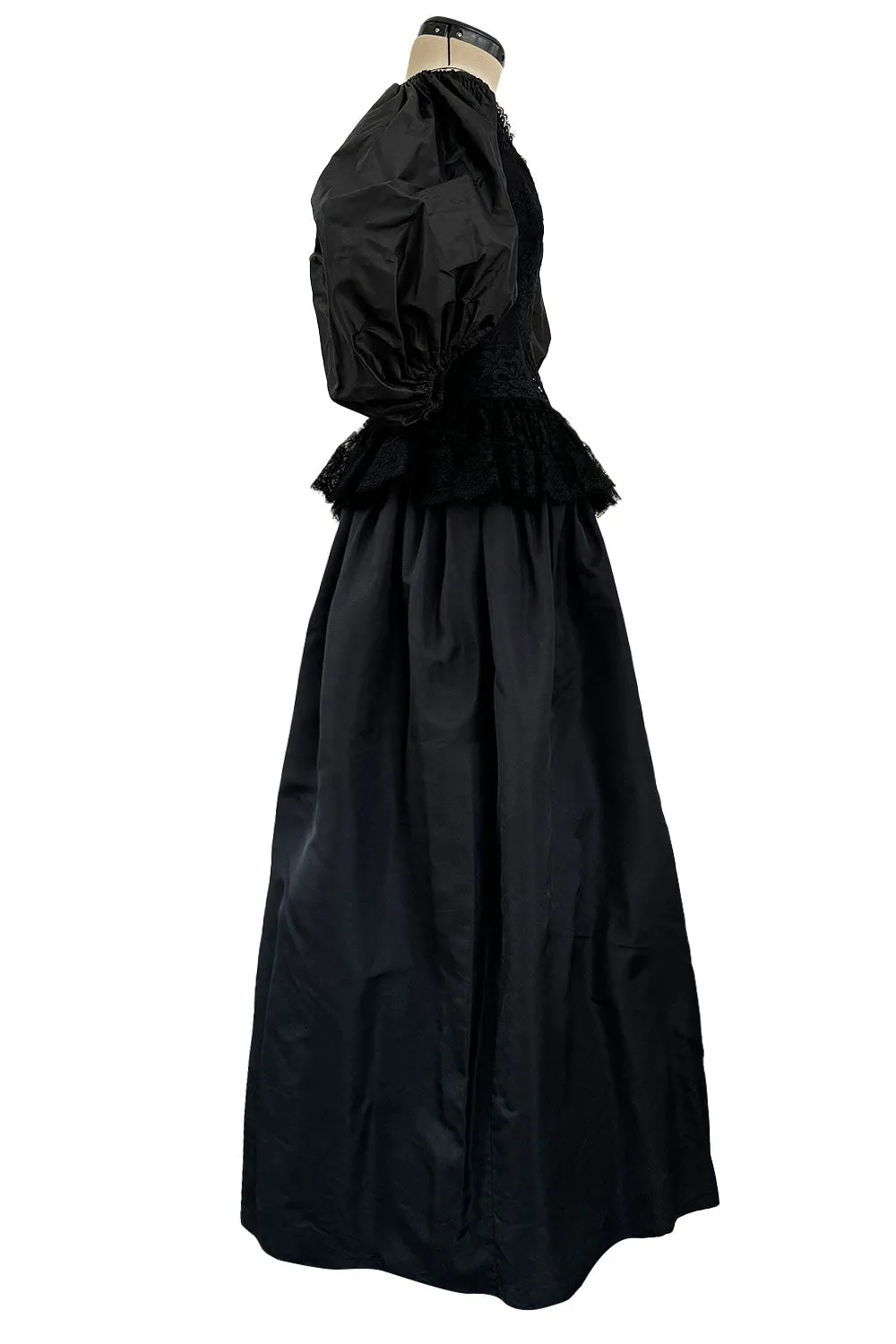 Documented Resort 1978 Oscar de la Renta Backless Black Silk & Lace Dress w Full BalloonmSleeves