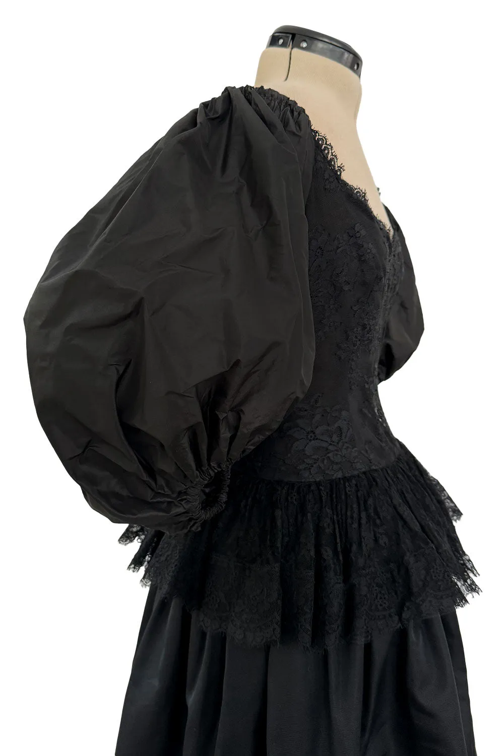 Documented Resort 1978 Oscar de la Renta Backless Black Silk & Lace Dress w Full BalloonmSleeves
