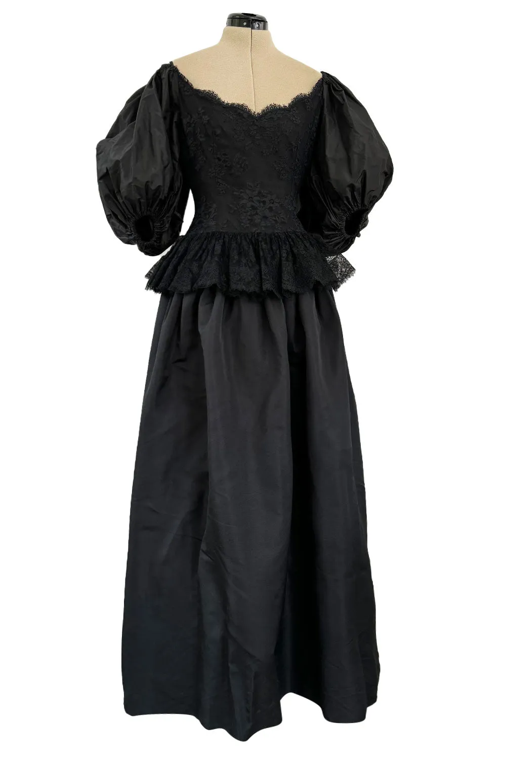 Documented Resort 1978 Oscar de la Renta Backless Black Silk & Lace Dress w Full BalloonmSleeves
