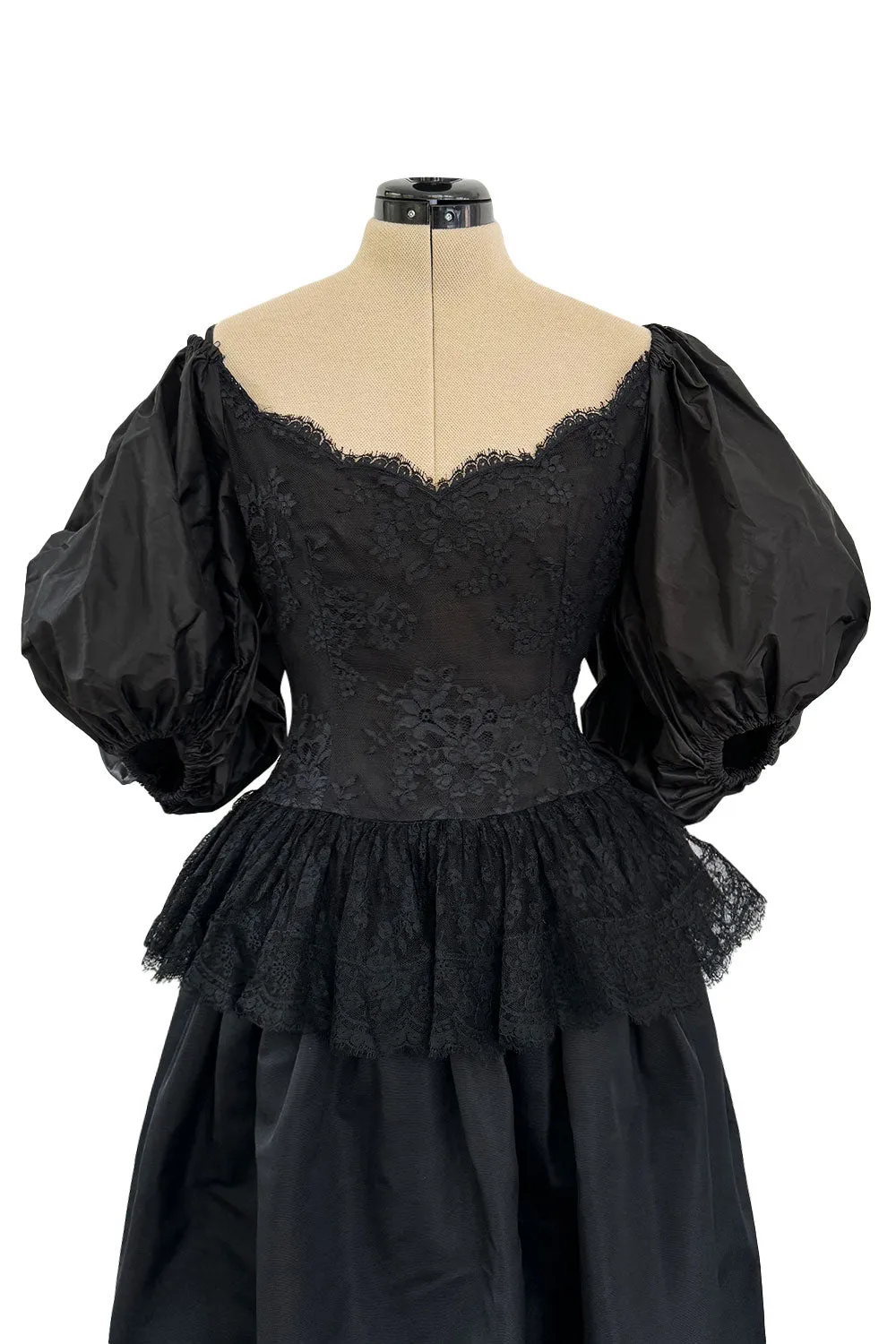 Documented Resort 1978 Oscar de la Renta Backless Black Silk & Lace Dress w Full BalloonmSleeves