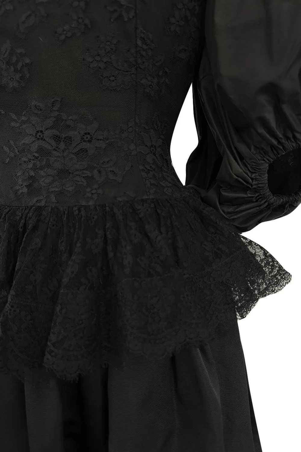 Documented Resort 1978 Oscar de la Renta Backless Black Silk & Lace Dress w Full BalloonmSleeves