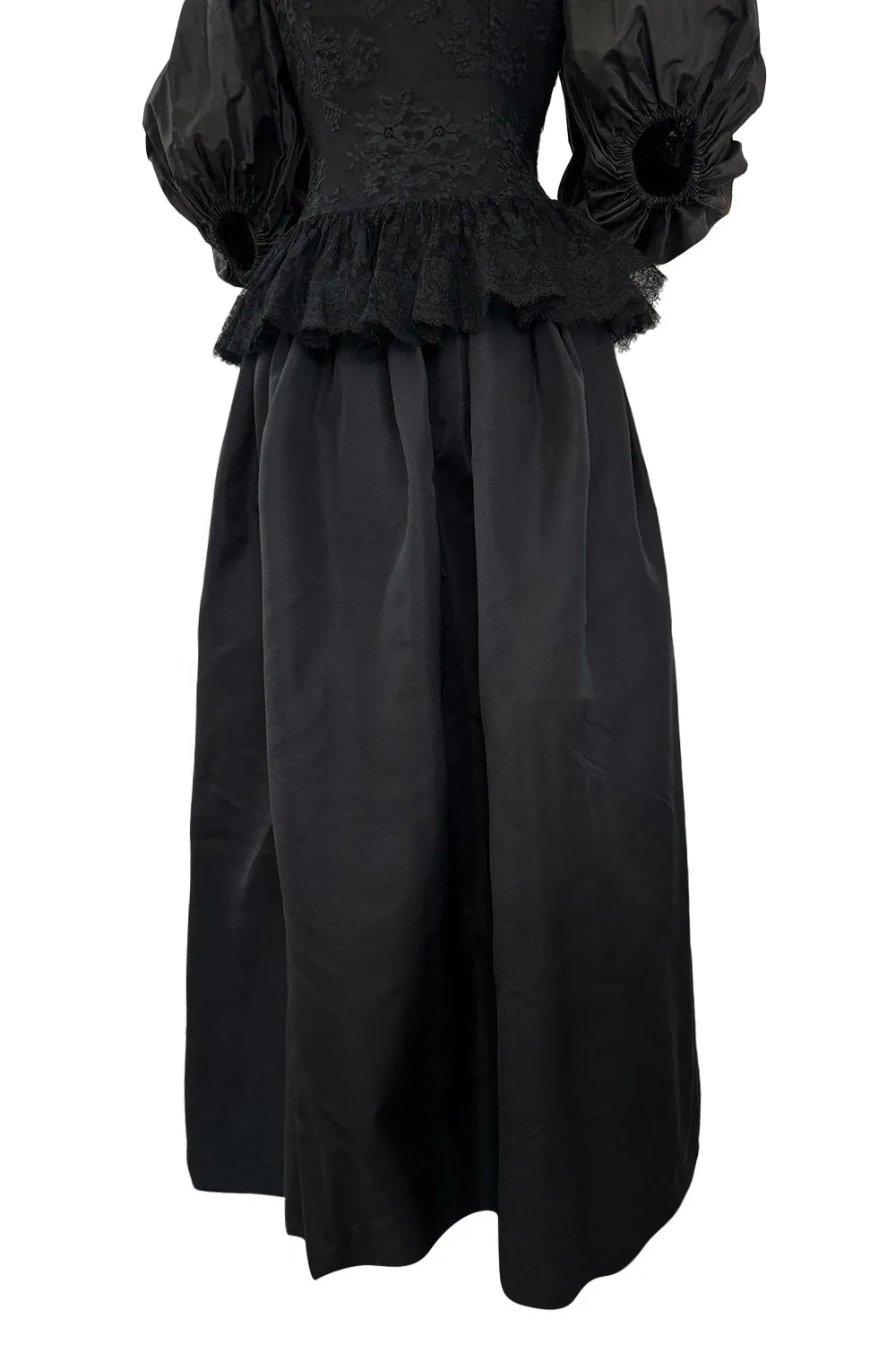 Documented Resort 1978 Oscar de la Renta Backless Black Silk & Lace Dress w Full BalloonmSleeves