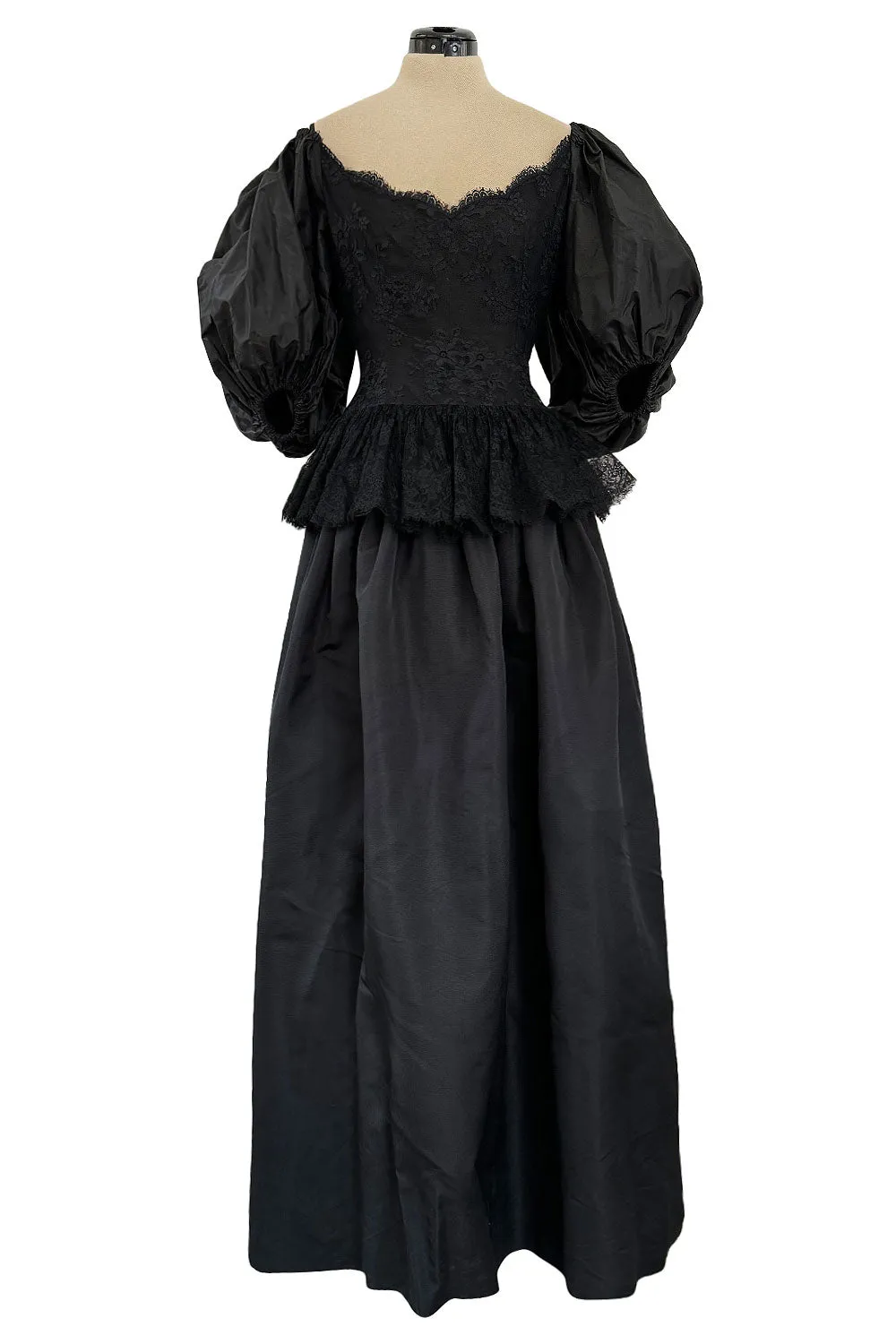 Documented Resort 1978 Oscar de la Renta Backless Black Silk & Lace Dress w Full BalloonmSleeves