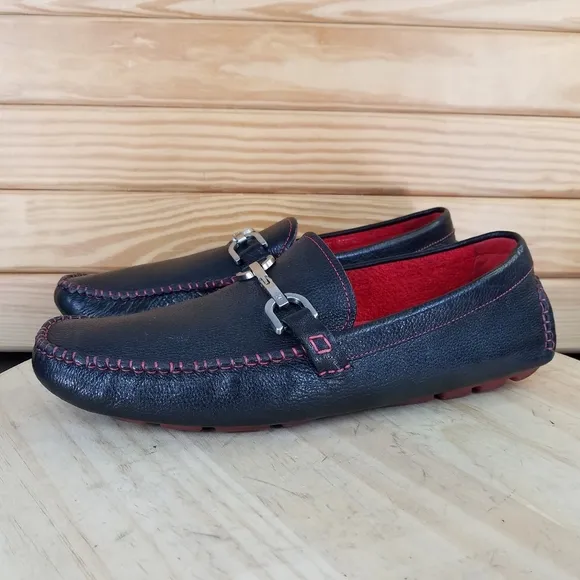 DONALD J PLINER DRIVING MOCS Shoes VEEDA Men's 12 US Pebble Leather Black Red