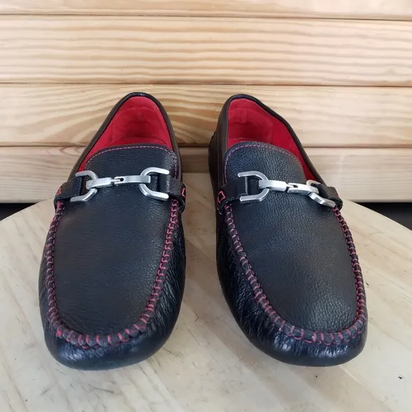 DONALD J PLINER DRIVING MOCS Shoes VEEDA Men's 12 US Pebble Leather Black Red