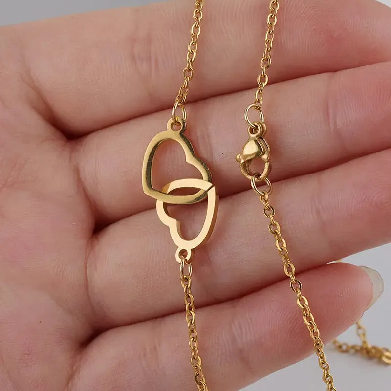 Double Heart Name Necklace - Couples Necklace