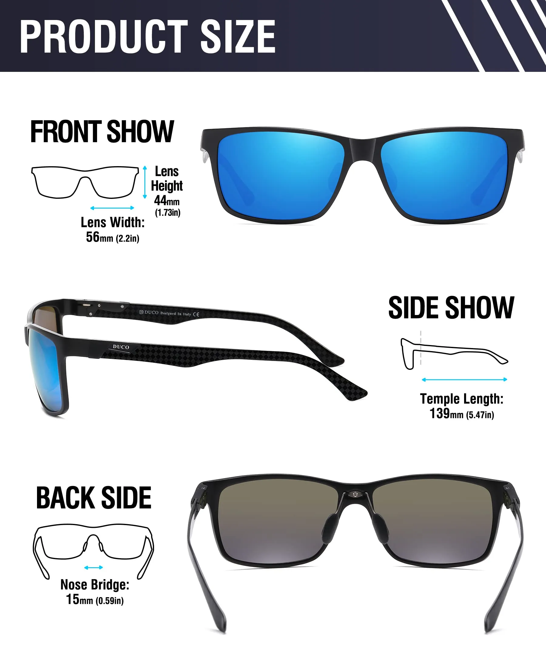 DUCO Square Polarized Sunglasses for Men LightWeight Carbon Fiber UV400 Protection Sun Glasses 8206