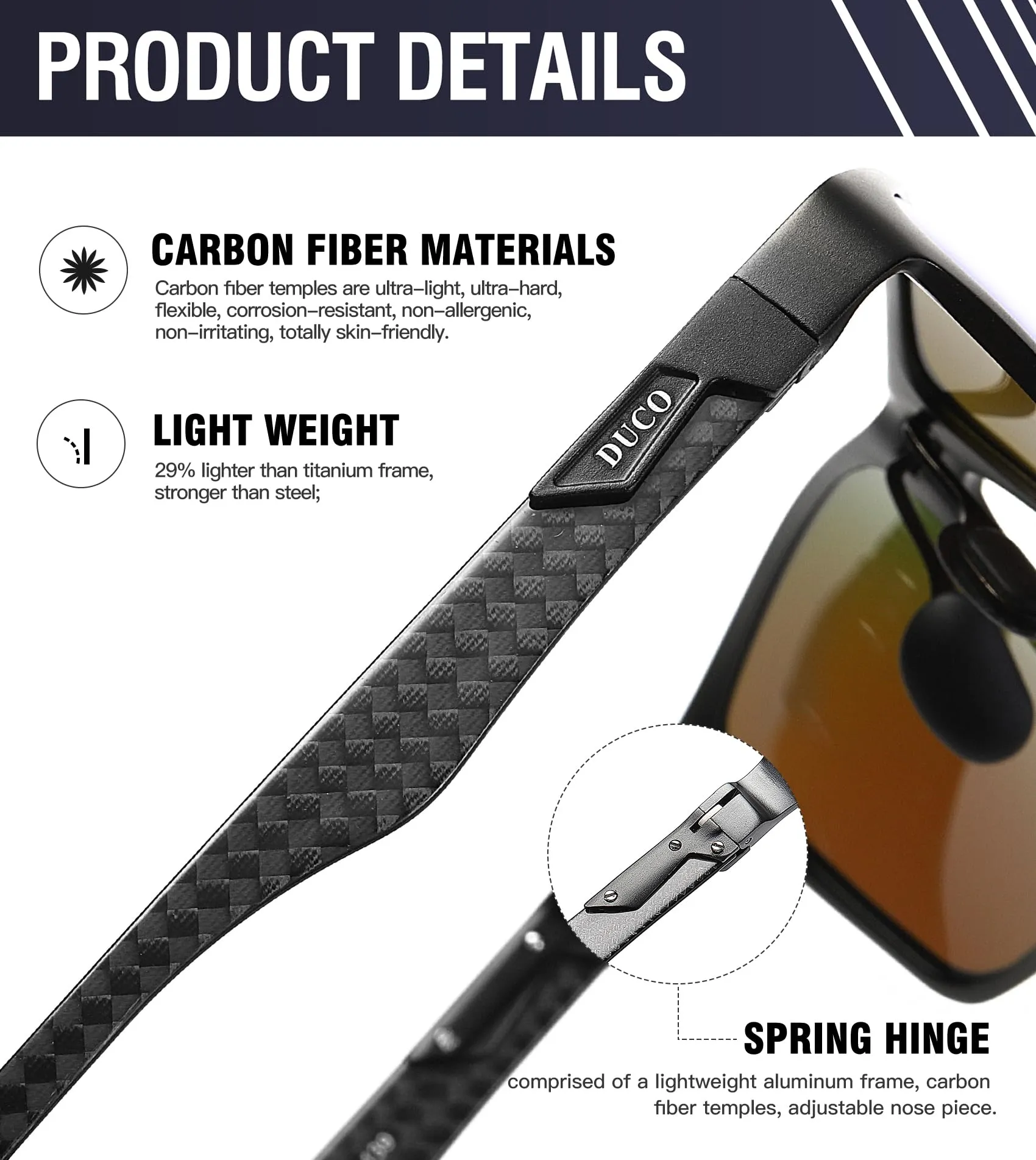 DUCO Square Polarized Sunglasses for Men LightWeight Carbon Fiber UV400 Protection Sun Glasses 8206