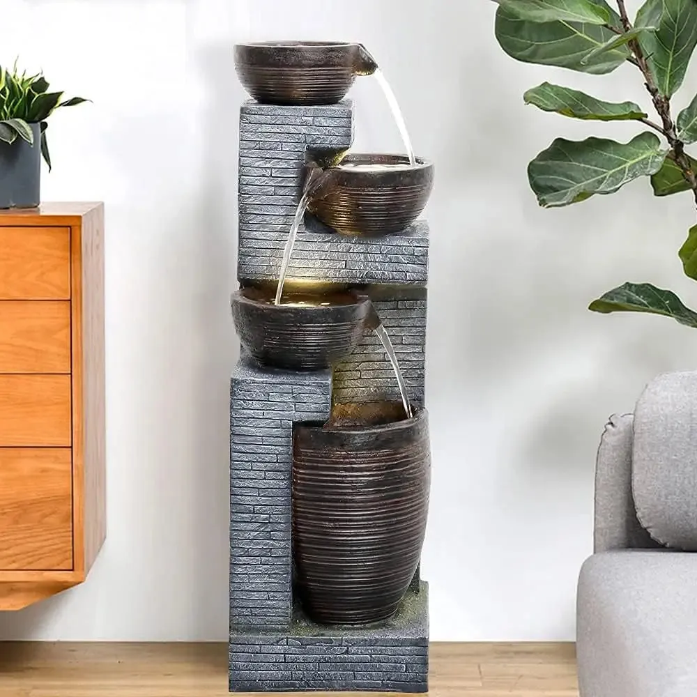 Earthen Bowl Cascading Waterfall Fountain for Indoor Outdoor