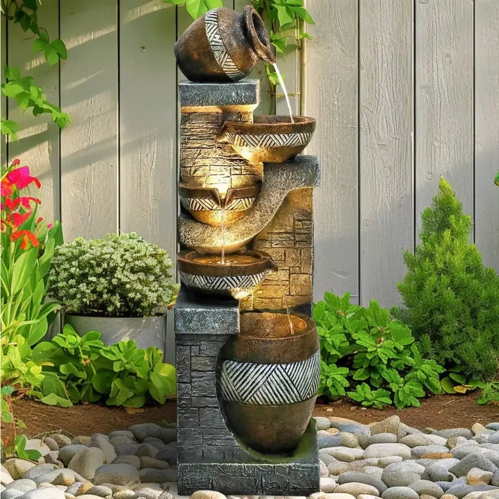 Earthen Bowl Cascading Waterfall Fountain for Indoor Outdoor